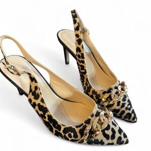 Violet and Red Leopard Print Calf Hair Leopard Print Kitten Heels Pointed Toe 8M